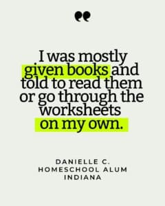 Quote card that reads " I was mostly given books and told to read them or go through the worksheets on my own."