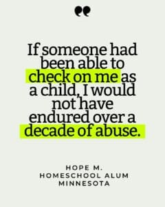Quote card reading "If someone had been able to check on me as a child, I would not have endured over a decade of abuse."